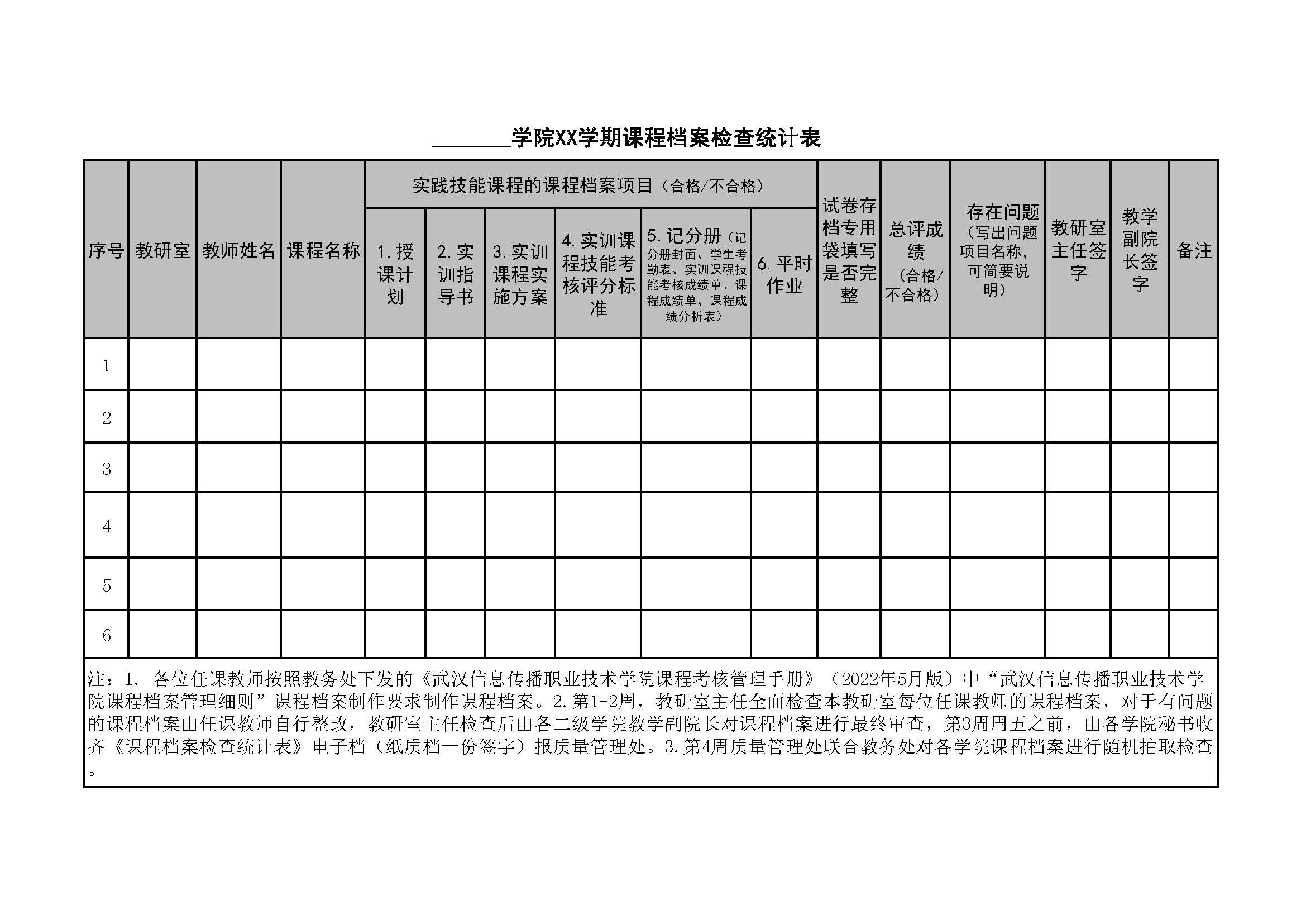 實(shí)踐技能課程檔案檢查統(tǒng)計(jì)表